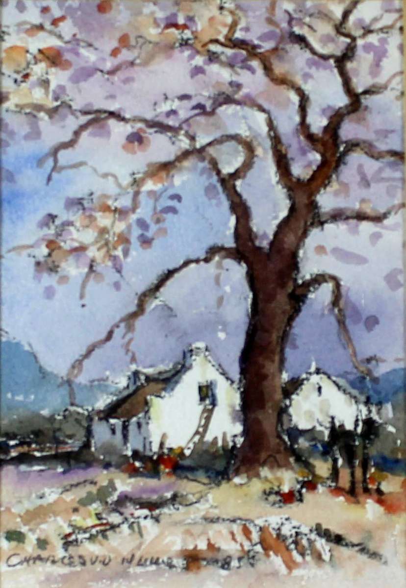 Charles van der Merwe - Large tree with Cape Dutch houses - Beautiful art! - Bid now!