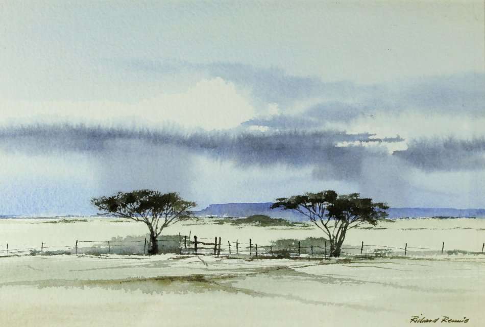 Richard Rennie - 2 Trees and a fence in a landscape - A beautiful little watercolor! Bid now!