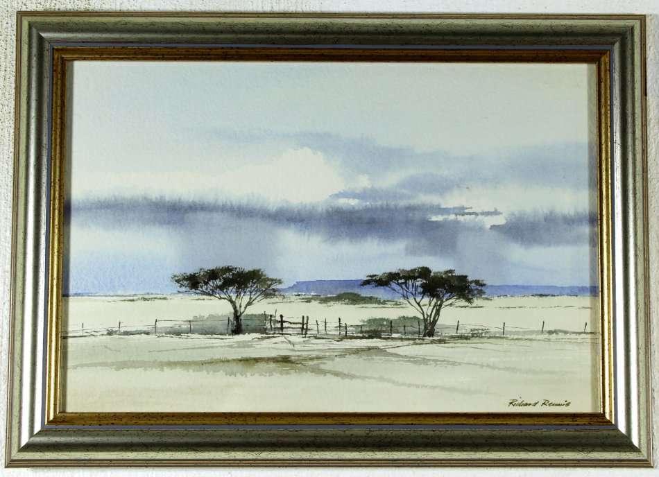 Richard Rennie - 2 Trees and a fence in a landscape - A beautiful little watercolor! Bid now!