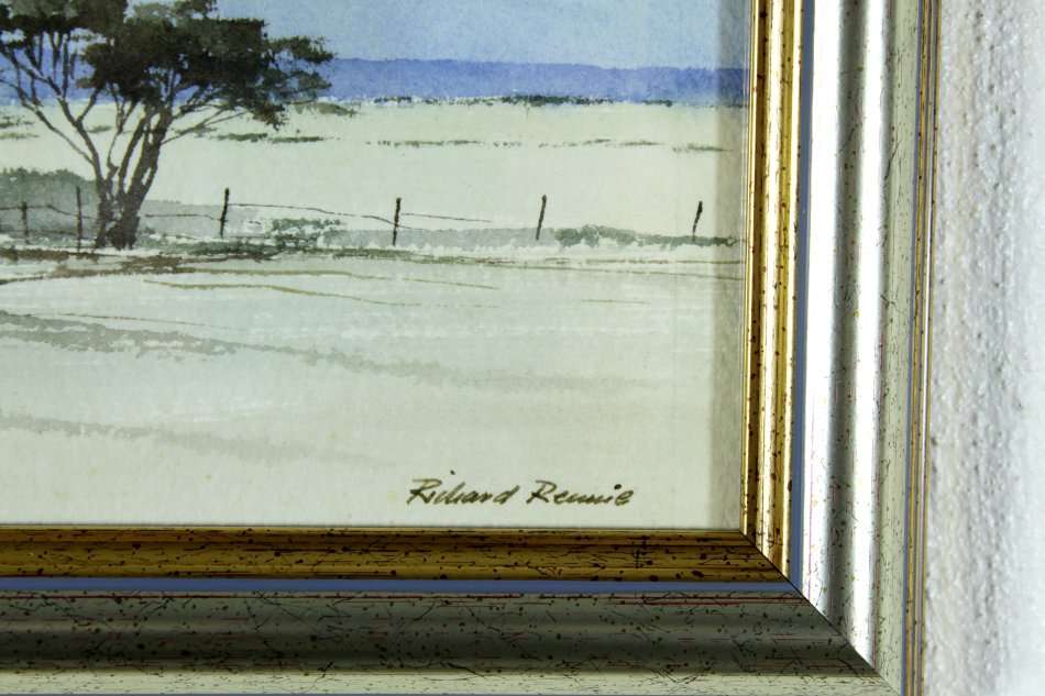 Richard Rennie - 2 Trees and a fence in a landscape - A beautiful little watercolor! Bid now!