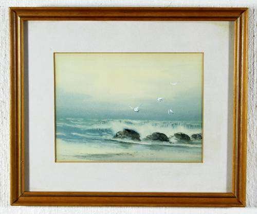 Seascape with birds and rocks - A lovely little watercolor! Bid now!