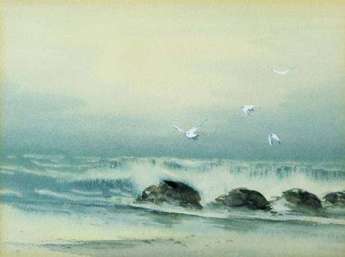 Seascape with birds and rocks - A lovely little watercolor! Bid now!