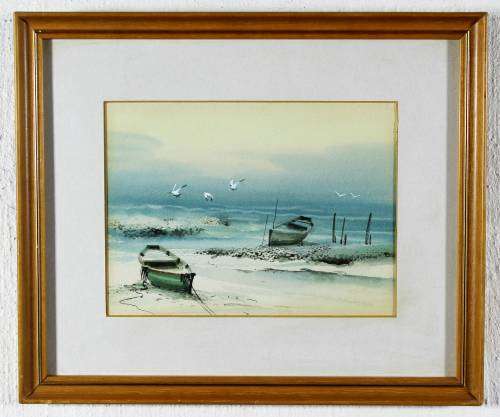 Seascape with fishing boats and birds - A lovely little watercolor! Bid now!