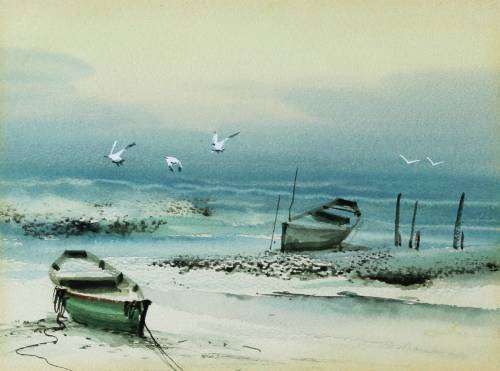 Seascape with fishing boats and birds - A lovely little watercolor! Bid now!