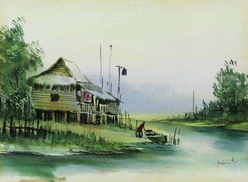 Kent - Cottage on the rivers edge - A lovely little watercolor! Bid now!