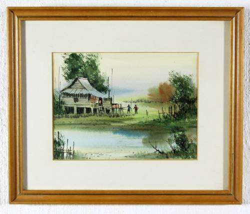 Cottage and figures on the rivers edge - A lovely little watercolor! Bid now!