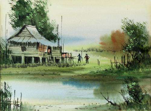 Cottage and figures on the rivers edge - A lovely little watercolor! Bid now!
