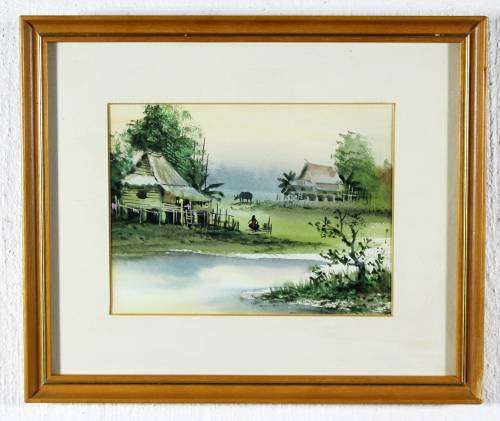 Cottages at the waters edge - A lovely little watercolor! Bid now!
