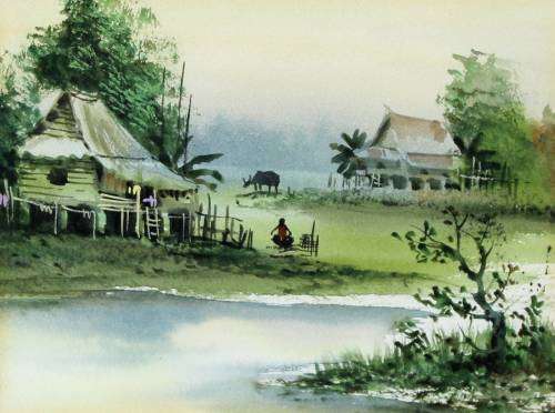 Cottages at the waters edge - A lovely little watercolor! Bid now!