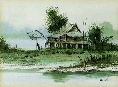 Kent - Cottage with fishing nets - A lovely little watercolor! Bid now!