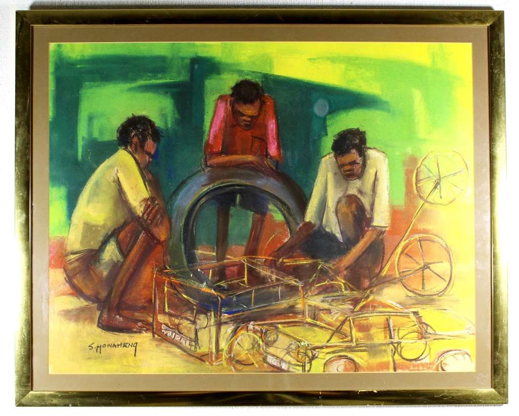 S Monaheng - Building Wire Cars - A beautiful mixed media painting! - Bid now!!