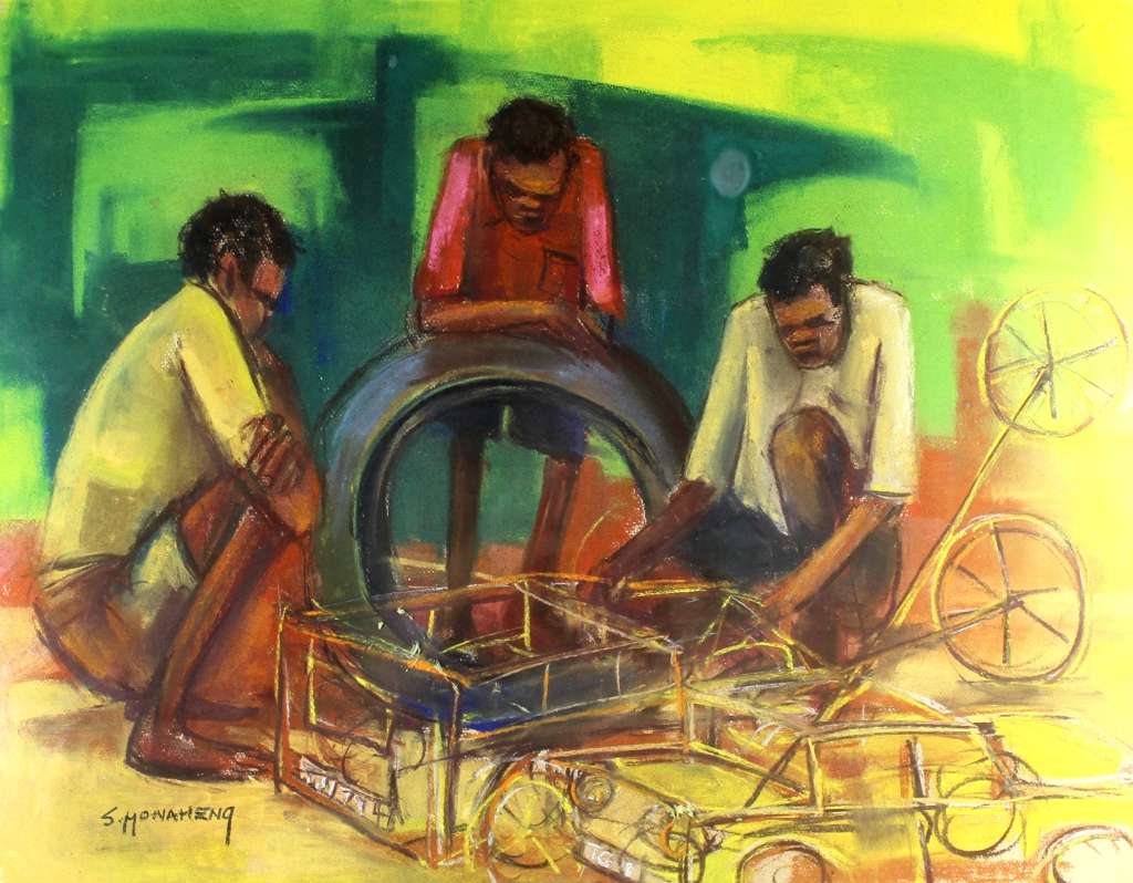 S Monaheng - Building Wire Cars - A beautiful mixed media painting! - Bid now!!