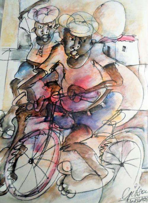 Gibson Mokhachana - Riding bike - A beautiful pastel - Bid now!