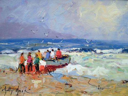Phillip Britz - Launching the fishing boat - A stunning painting!! Low price, act fast and bid now!