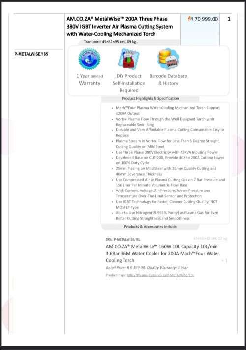 200A Three Phase 380v IGBT Inverter Air Plasma Cutting System with Water-Cooling Mechanized Torch