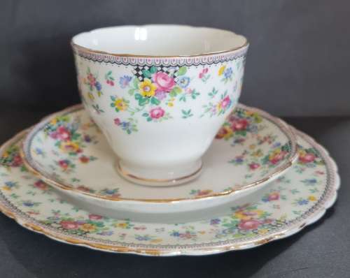 WOW! Rare pattern vintage Tuscan bone china trio. Stamped