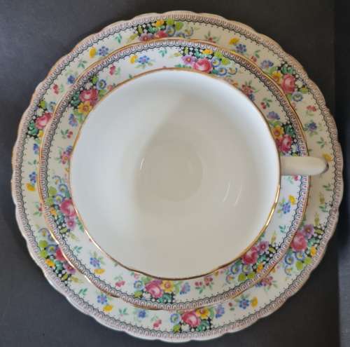 WOW! Rare pattern vintage Tuscan bone china trio. Stamped