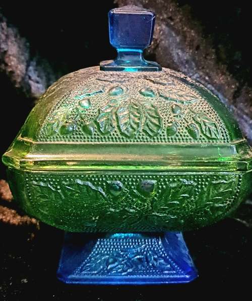Vintage Jeannette Glass Candy Dish with lid.In green and blue with footed bottom.