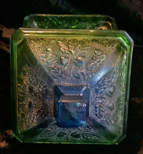 Vintage Jeannette Glass Candy Dish with lid.In green and blue with footed bottom.