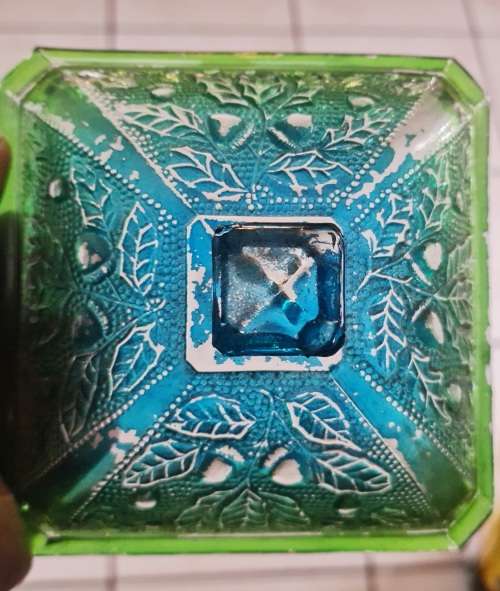 Vintage Jeannette Glass Candy Dish with lid.In green and blue with footed bottom.