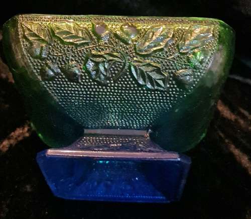 Vintage Jeannette Glass Candy Dish with lid.In green and blue with footed bottom.