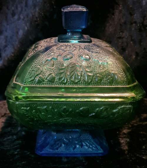 Vintage Jeannette Glass Candy Dish with lid.In green and blue with footed bottom.