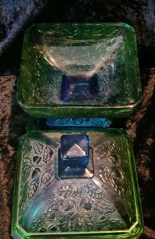 Vintage Jeannette Glass Candy Dish with lid.In green and blue with footed bottom.