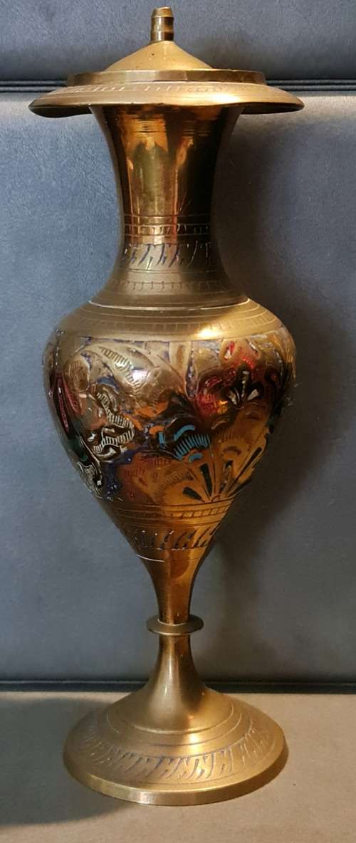 Vintage Indian Brass Etched vase with lid