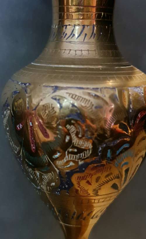 Vintage Indian Brass Etched vase with lid