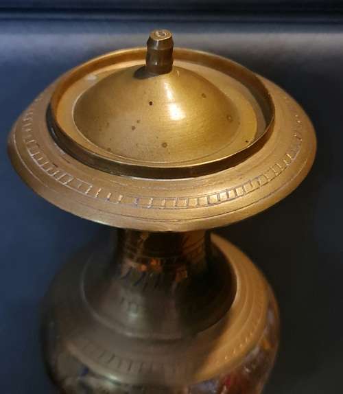 Vintage Indian Brass Etched vase with lid