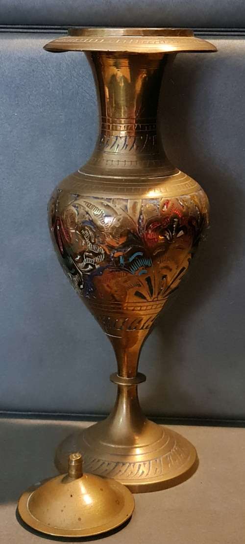 Vintage Indian Brass Etched vase with lid