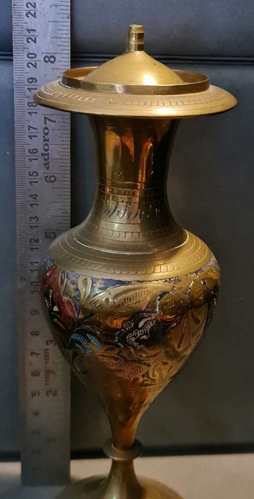 Vintage Indian Brass Etched vase with lid