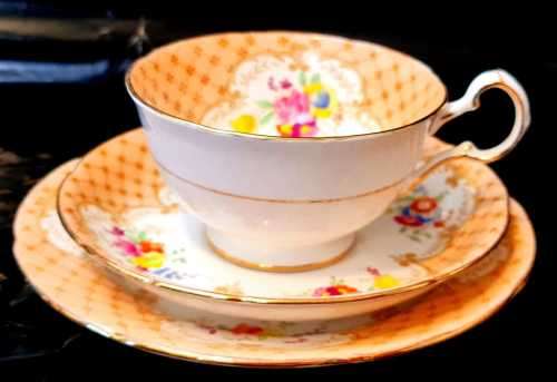 Vintage royal grafton Gold latice on peach, gold detailing tea cup, saucer, side plate trio rare