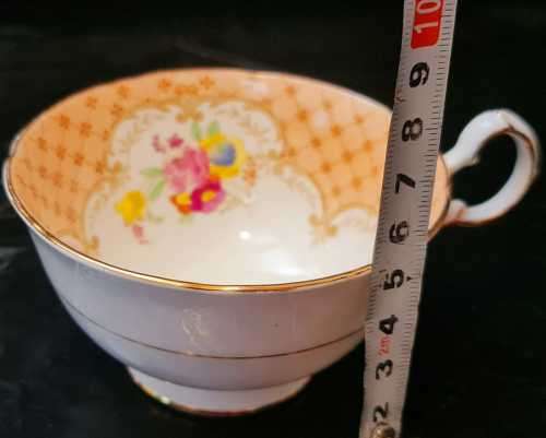 Vintage royal grafton Gold latice on peach, gold detailing tea cup, saucer, side plate trio rare