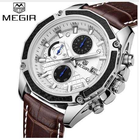 MEGIR Mens Chronograph Date Luminous Luxury Sport Leather Watch