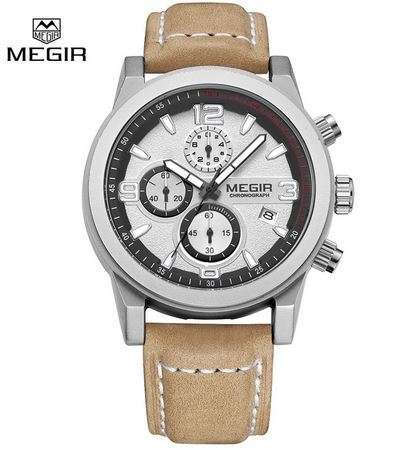 Luxury MEGIR Military Leather Strap Quartz Watch Chronograph Mens Watch