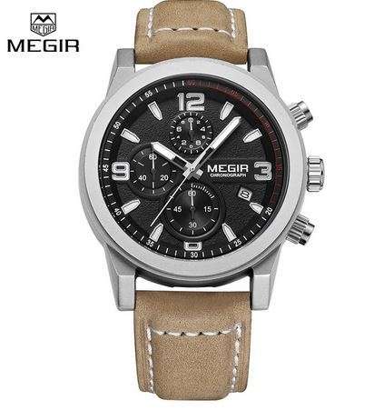 Luxury MEGIR Military Leather Strap Quartz Watch Chronograph Mens Watch