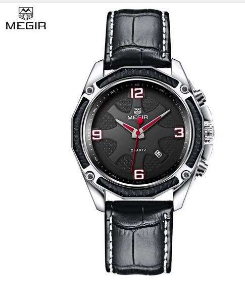 Megir quartz fashion mens watch genuine leather strap and with enamel painting
