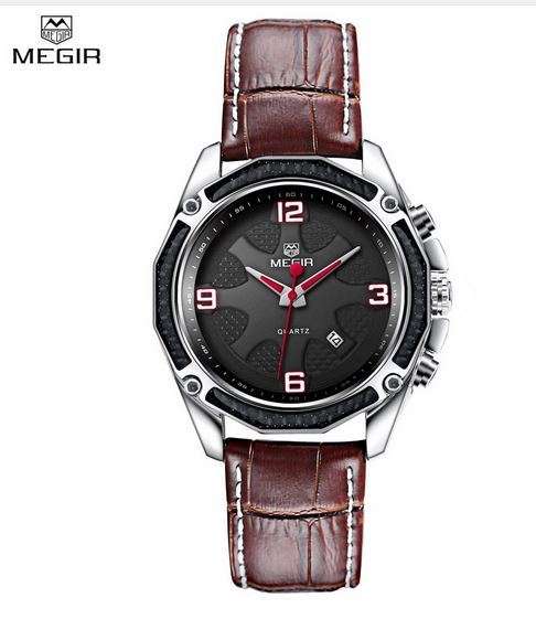 Megir quartz fashion mens watch genuine leather strap and with enamel painting
