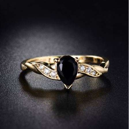 Teardrop Gold Ring for Women Black Gemstone Engagement Ring