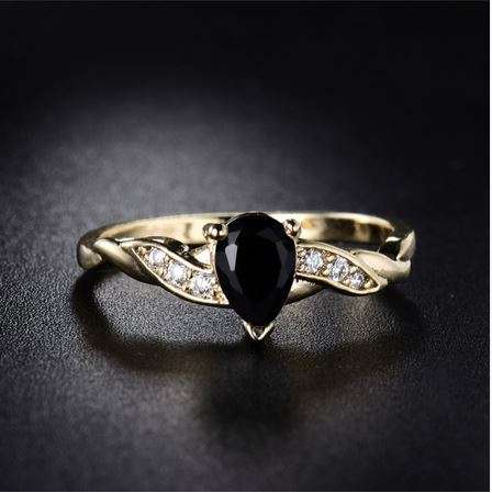 Teardrop Gold Ring for Women Black Gemstone Engagement Ring