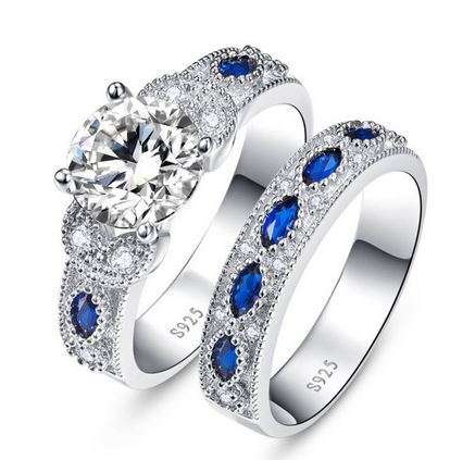 BONLAVIE 1 Pair Blue Sapphire Silver Couple Wedding Rings