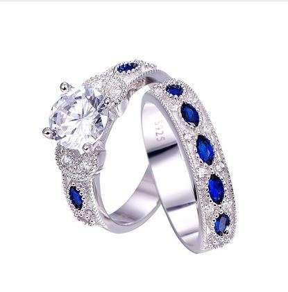 BONLAVIE 1 Pair Blue Sapphire Silver Couple Wedding Rings