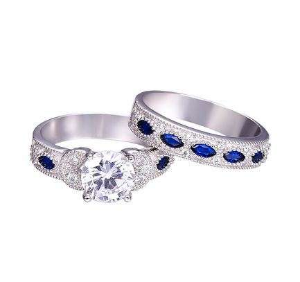 BONLAVIE 1 Pair Blue Sapphire Silver Couple Wedding Rings
