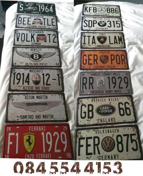 Import style embossed metal number plates