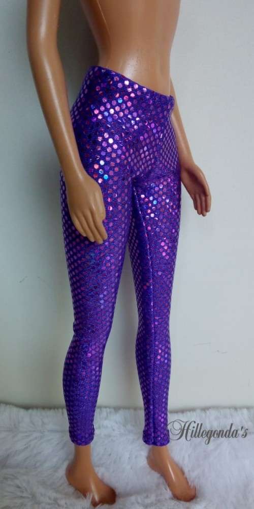 Sparkling purple ski pants/leggings for Barbie dolls