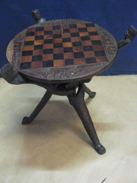 AFRICAN ART REVERSIBLE CHESS TABLE CARVED LEGS - EBONY?
