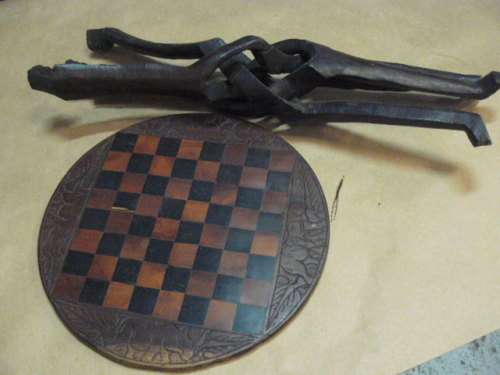 AFRICAN ART REVERSIBLE CHESS TABLE CARVED LEGS - EBONY?