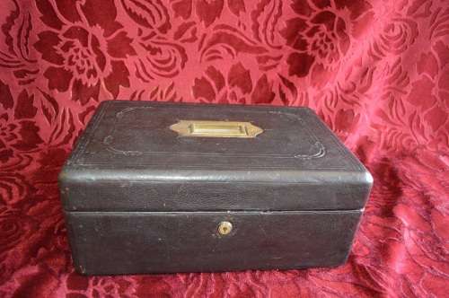 Rear  1855 LARGE ENGLISH BLACK LEATHER WRITING BOX / SLOPE / LAP DESK