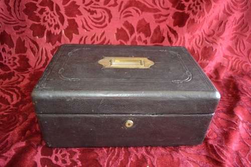 Rear  1855 LARGE ENGLISH BLACK LEATHER WRITING BOX / SLOPE / LAP DESK